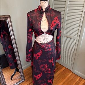 Black and Red Dragon Print Long Sleeve Dress